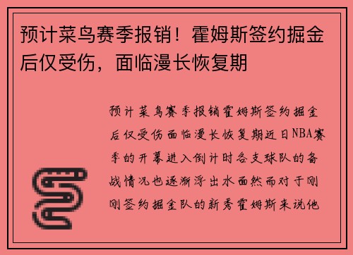 预计菜鸟赛季报销！霍姆斯签约掘金后仅受伤，面临漫长恢复期